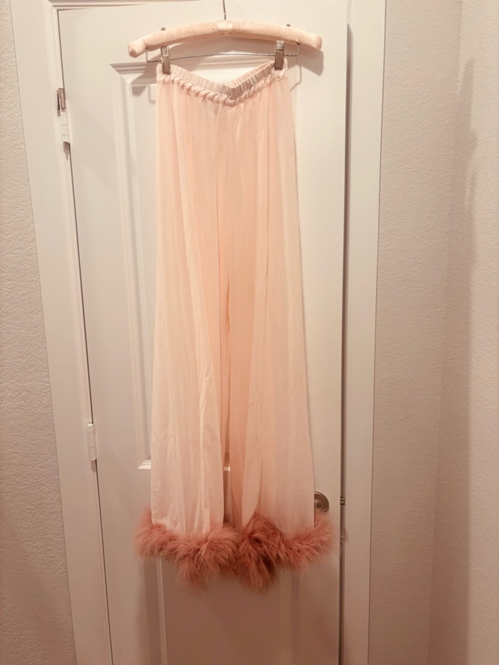 Sleeper Pale Pink Feather-Trim Palazzo Pants